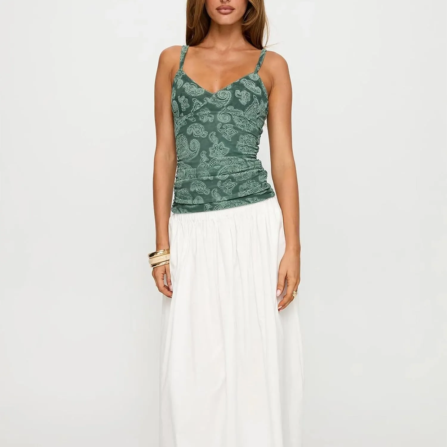 Women's Y2k Floral Print Mesh Cami Tops Summer Spaghetti Strap V Neck Patchwork Lace Camisole Going Out Tank Tops