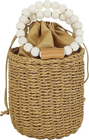 Wooden Beads Handbag Rattan Bag Rattan Bucket Women's Round Strap Bucket Bag Simple Casual Beach Handwoven Purse