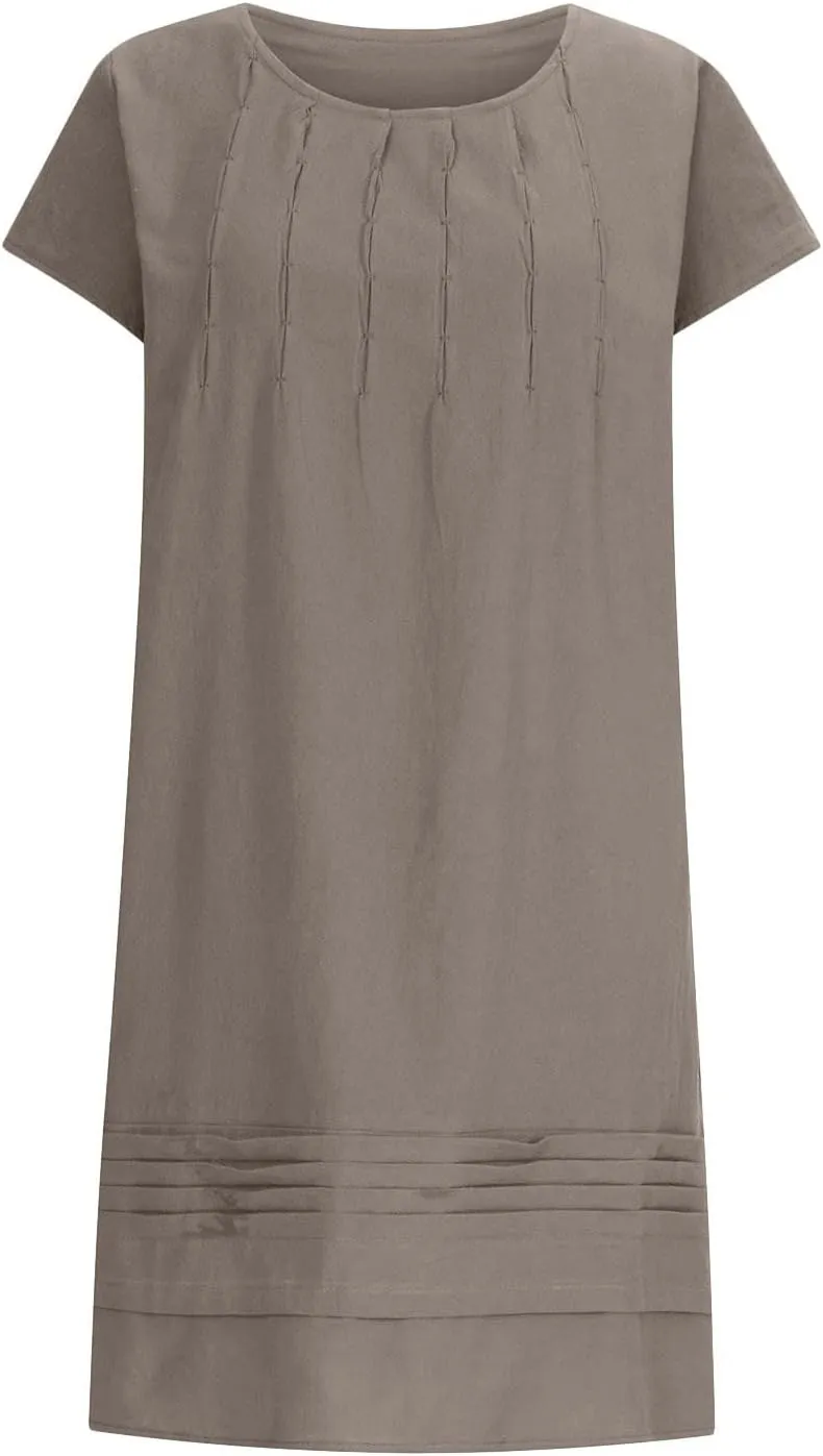 XUNRYAN Summer Dresses for Women 2024 Casual Short Sleeve Cotton Linen Midi Dress Knee Length High Waist Loose Beach Sundress