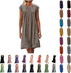 XUNRYAN Summer Dresses for Women 2024 Casual Short Sleeve Cotton Linen Midi Dress Knee Length High Waist Loose Beach Sundress