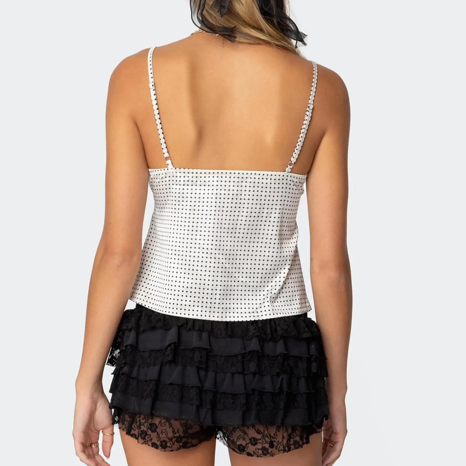 Y2K Tank Tops Women Polka Dot Cami Shirt Lace Trim Sleeveless V Neck Camisoles Sexy Backless Spaghetti Strap Crop Top