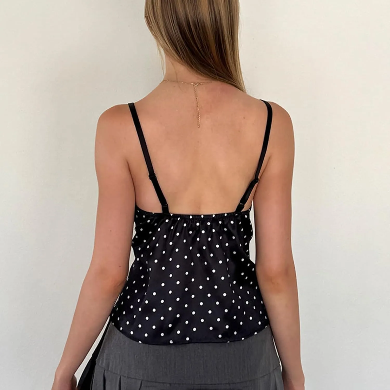 Y2K Tank Tops Women Polka Dot Cami Shirt Lace Trim Sleeveless V Neck Camisoles Sexy Backless Spaghetti Strap Crop Top