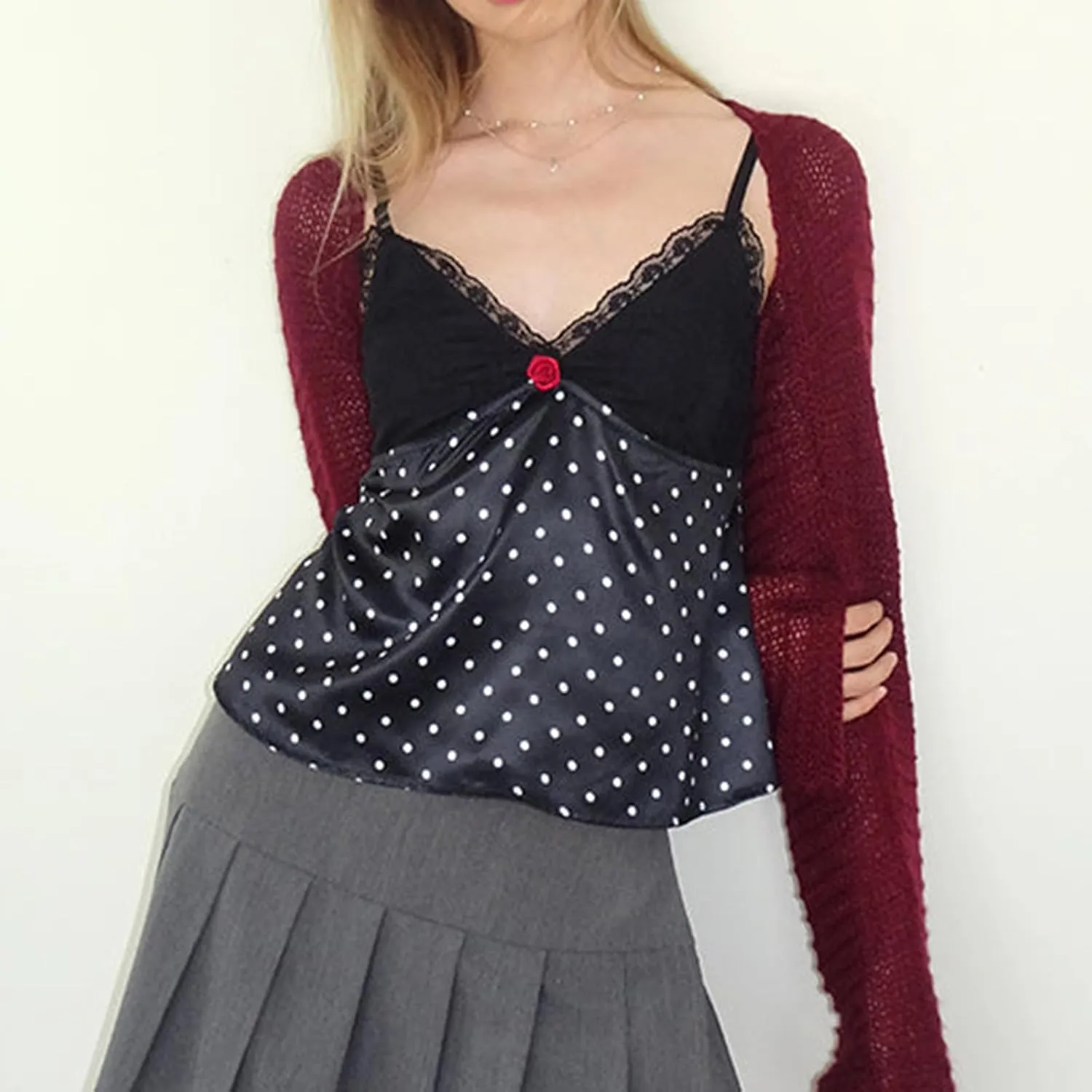 Y2K Tank Tops Women Polka Dot Cami Shirt Lace Trim Sleeveless V Neck Camisoles Sexy Backless Spaghetti Strap Crop Top