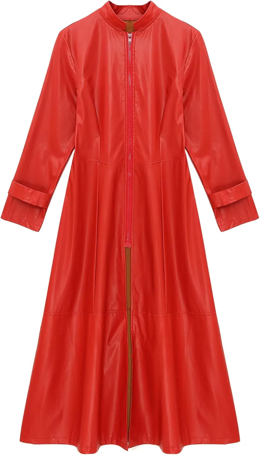 YiZYiF Womens Shiny Leather Long Sleeve Jacket Dress Full Zipper Leather Long Jacket Coats Outwear