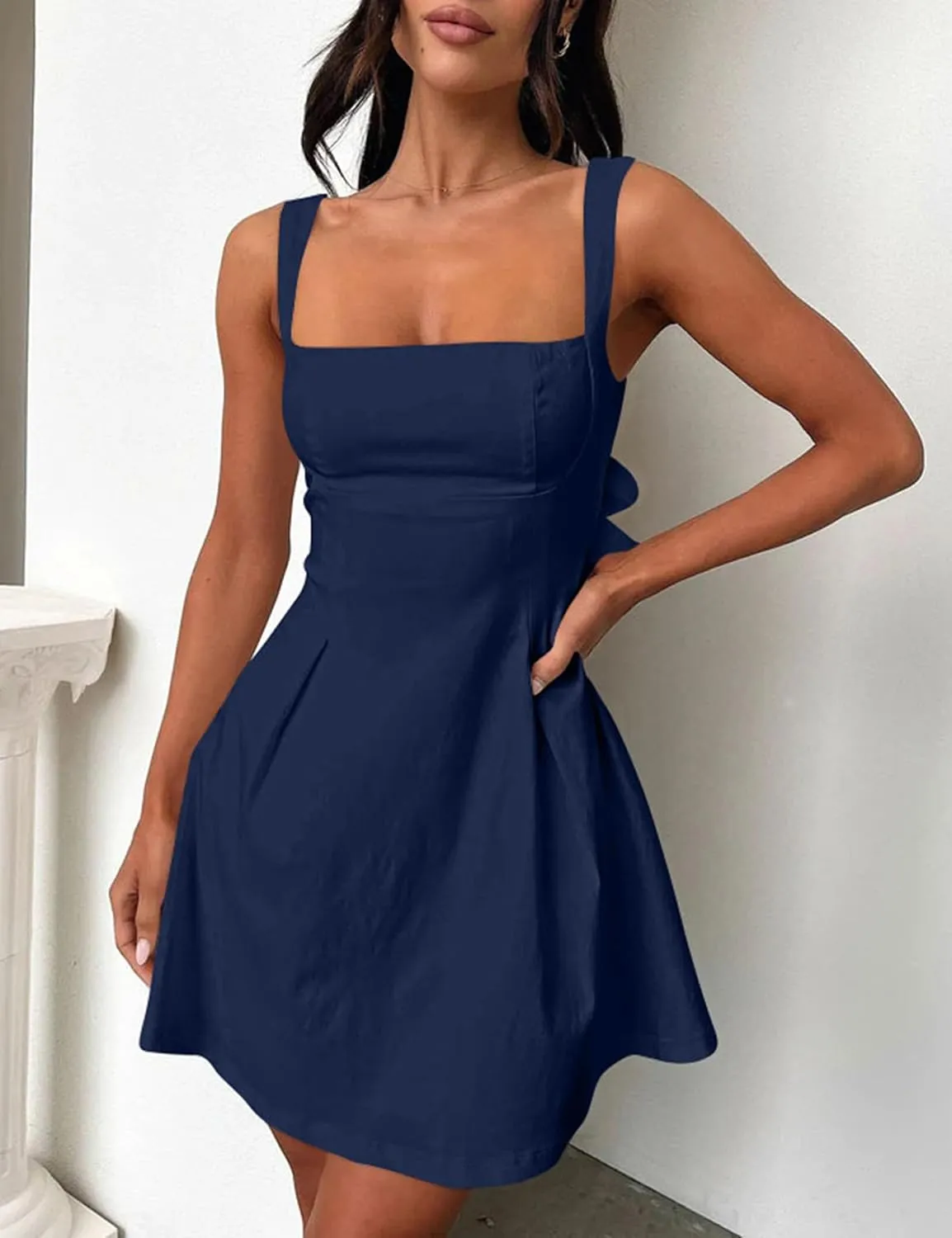 YMDUCH Women's Sexy Sleeveless Square Neck Adjustable Straps Bow Tie A-line Mini Party Club Dress