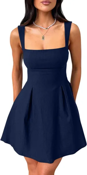 YMDUCH Women's Sexy Sleeveless Square Neck Adjustable Straps Bow Tie A-line Mini Party Club Dress