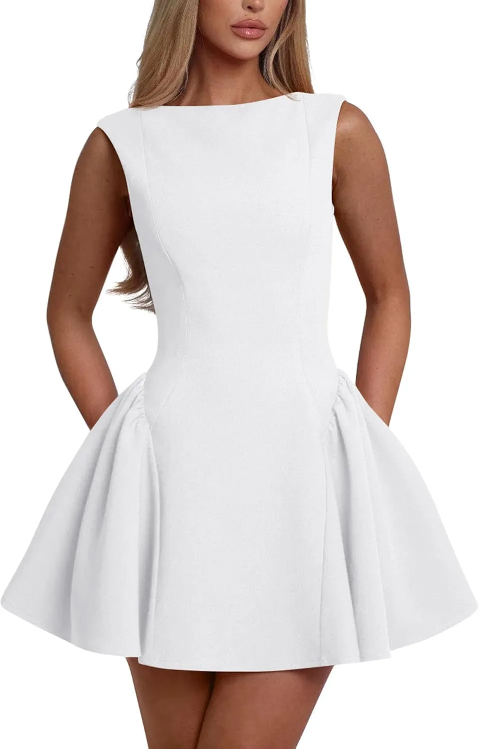 YMDUCH Women's Summer Sleeveless Crew Neck Backless A-line Mini Party Prom Dress