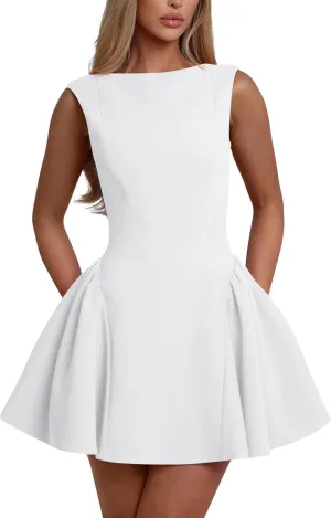 YMDUCH Women's Summer Sleeveless Crew Neck Backless A-line Mini Party Prom Dress
