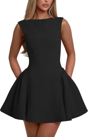 YMDUCH Women's Summer Sleeveless Crew Neck Backless A-line Mini Party Prom Dress