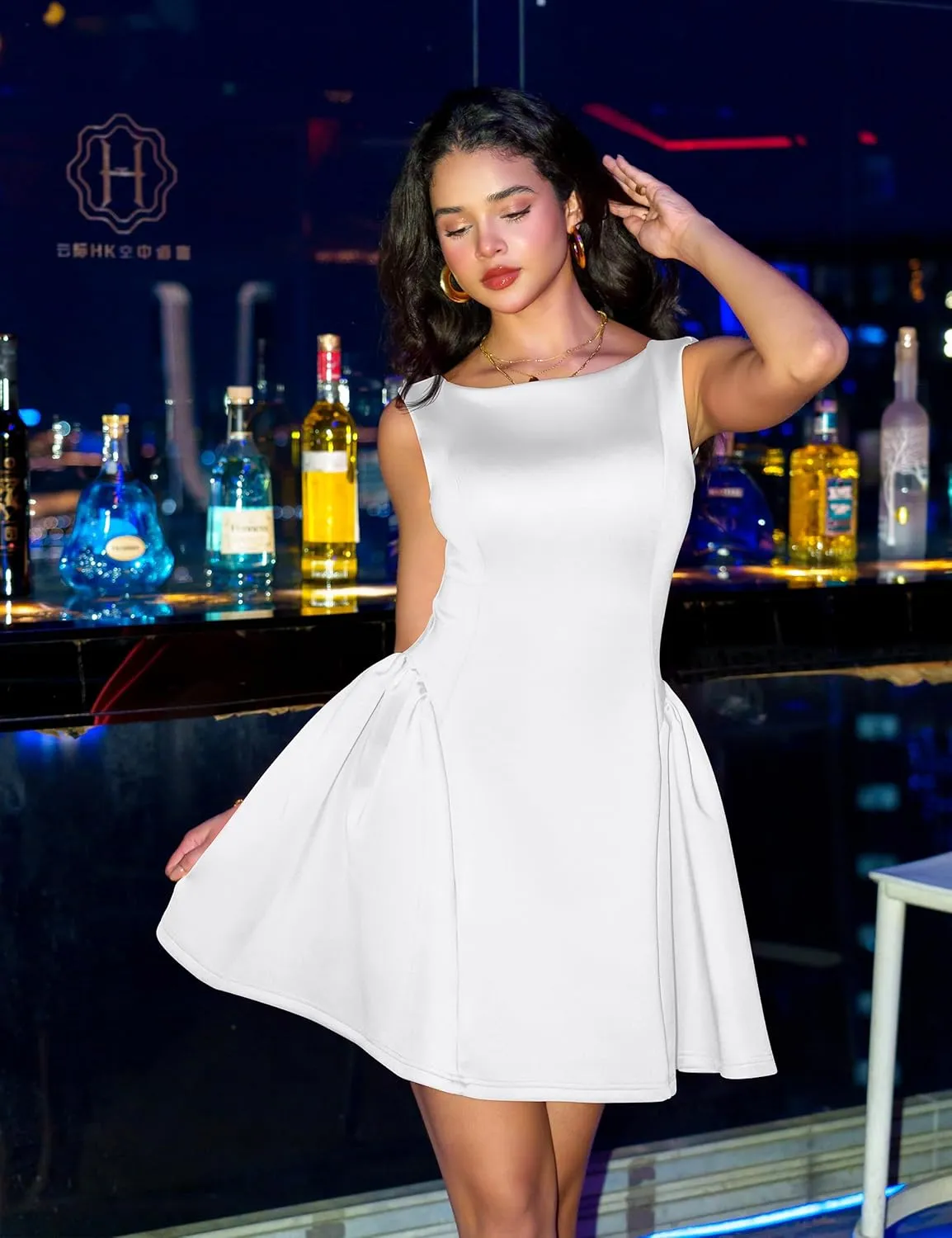 YMDUCH Women's Summer Sleeveless Crew Neck Backless A-line Mini Party Prom Dress