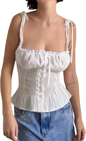 Yoawdats Women's Y2K Lace Camisoles Sleeveless Tie-Up Spaghetti Strap Backless Tank Tops Streetwear Summer Buttons Crop Tops