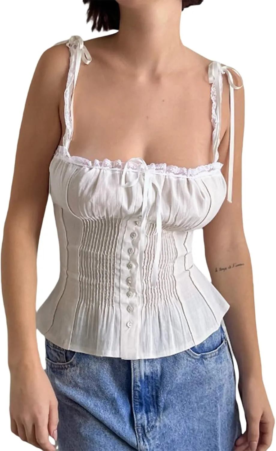 Yoawdats Women's Y2K Lace Camisoles Sleeveless Tie-Up Spaghetti Strap Backless Tank Tops Streetwear Summer Buttons Crop Tops