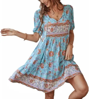 YOXUA Women's Short Sleeve Boho Floral Print Mini Dress Loose Swing V Neck Ruffle Sundress