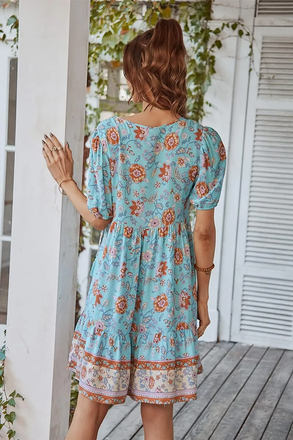 YOXUA Women's Short Sleeve Boho Floral Print Mini Dress Loose Swing V Neck Ruffle Sundress