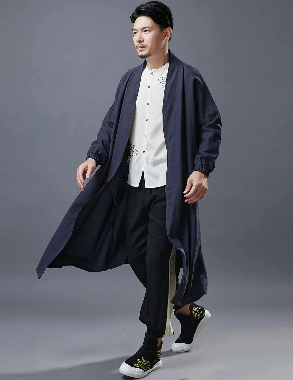 Ystylee Men's Trench Coat Cotton Linen Long Kimono Jacket Chinese Vintage Style Open Front Outwear