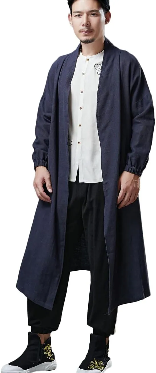 Ystylee Men's Trench Coat Cotton Linen Long Kimono Jacket Chinese Vintage Style Open Front Outwear