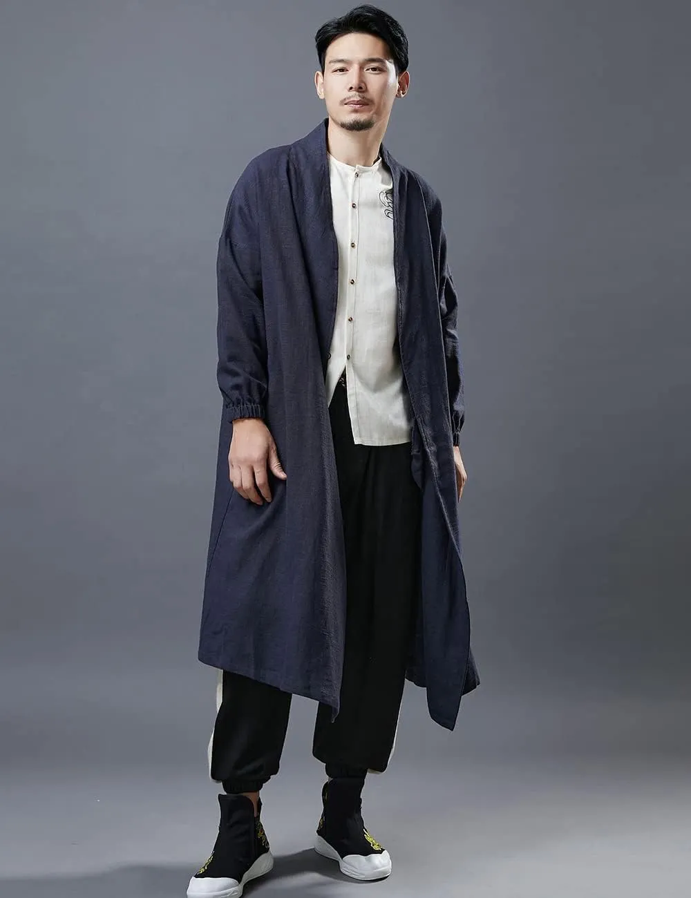 Ystylee Men's Trench Coat Cotton Linen Long Kimono Jacket Chinese Vintage Style Open Front Outwear