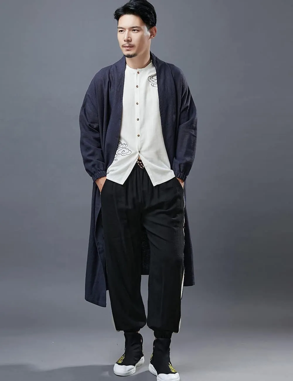 Ystylee Men's Trench Coat Cotton Linen Long Kimono Jacket Chinese Vintage Style Open Front Outwear