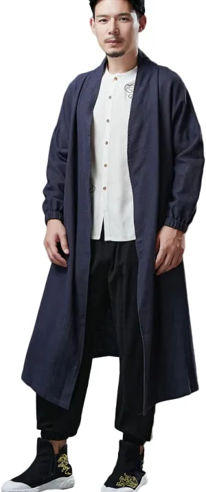 Ystylee Men's Trench Coat Cotton Linen Long Kimono Jacket Chinese Vintage Style Open Front Outwear