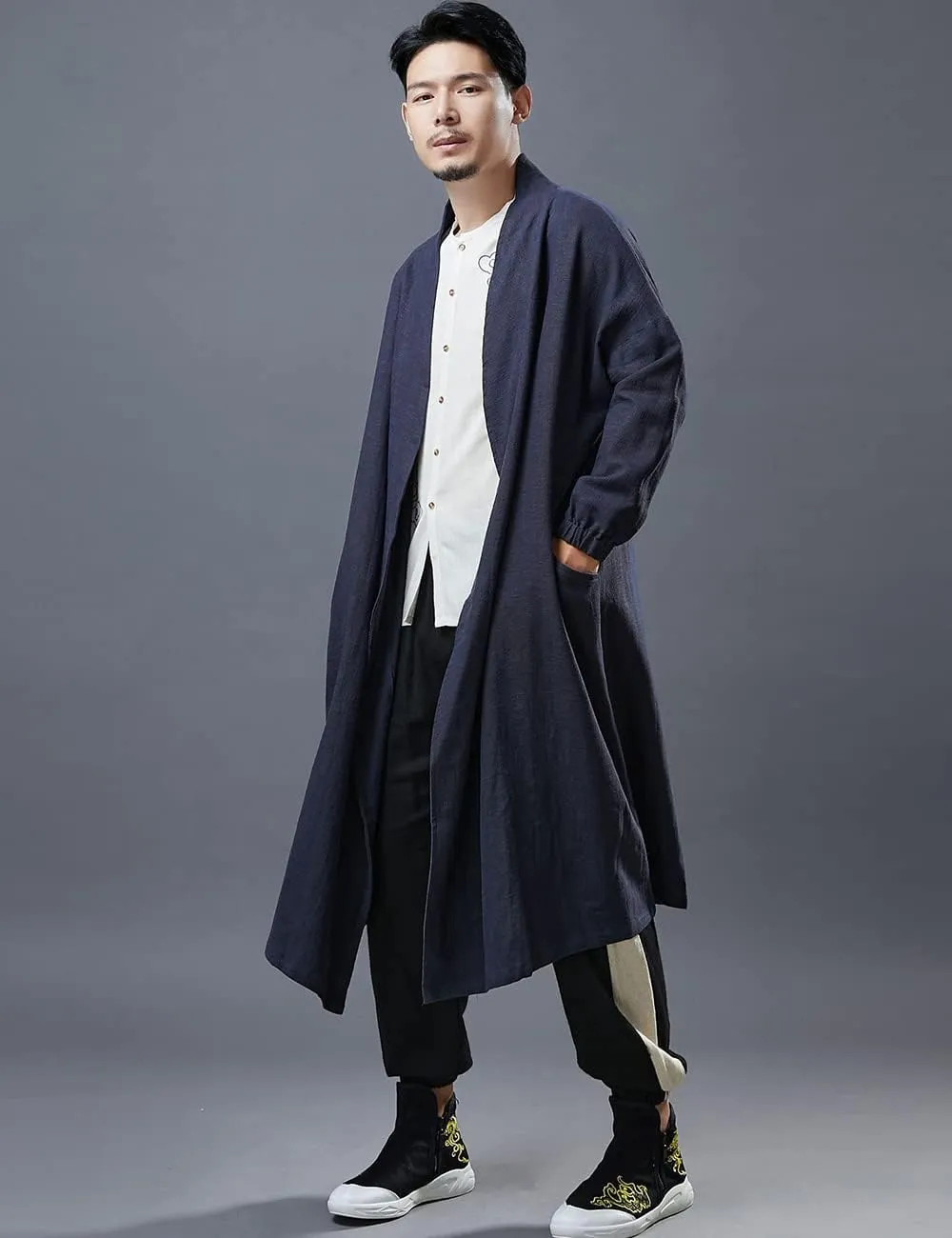 Ystylee Men's Trench Coat Cotton Linen Long Kimono Jacket Chinese Vintage Style Open Front Outwear