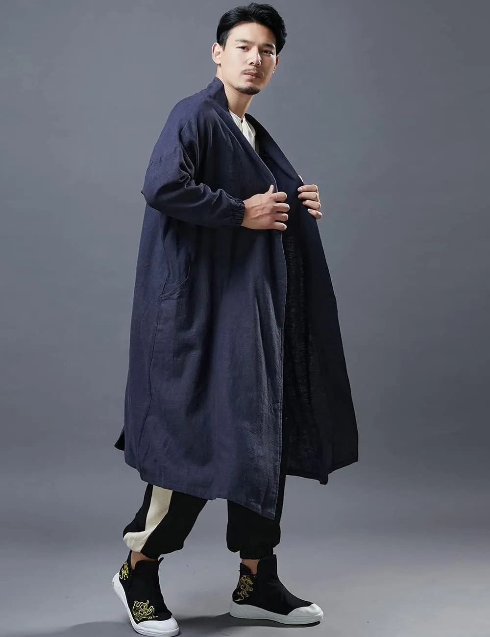 Ystylee Men's Trench Coat Cotton Linen Long Kimono Jacket Chinese Vintage Style Open Front Outwear