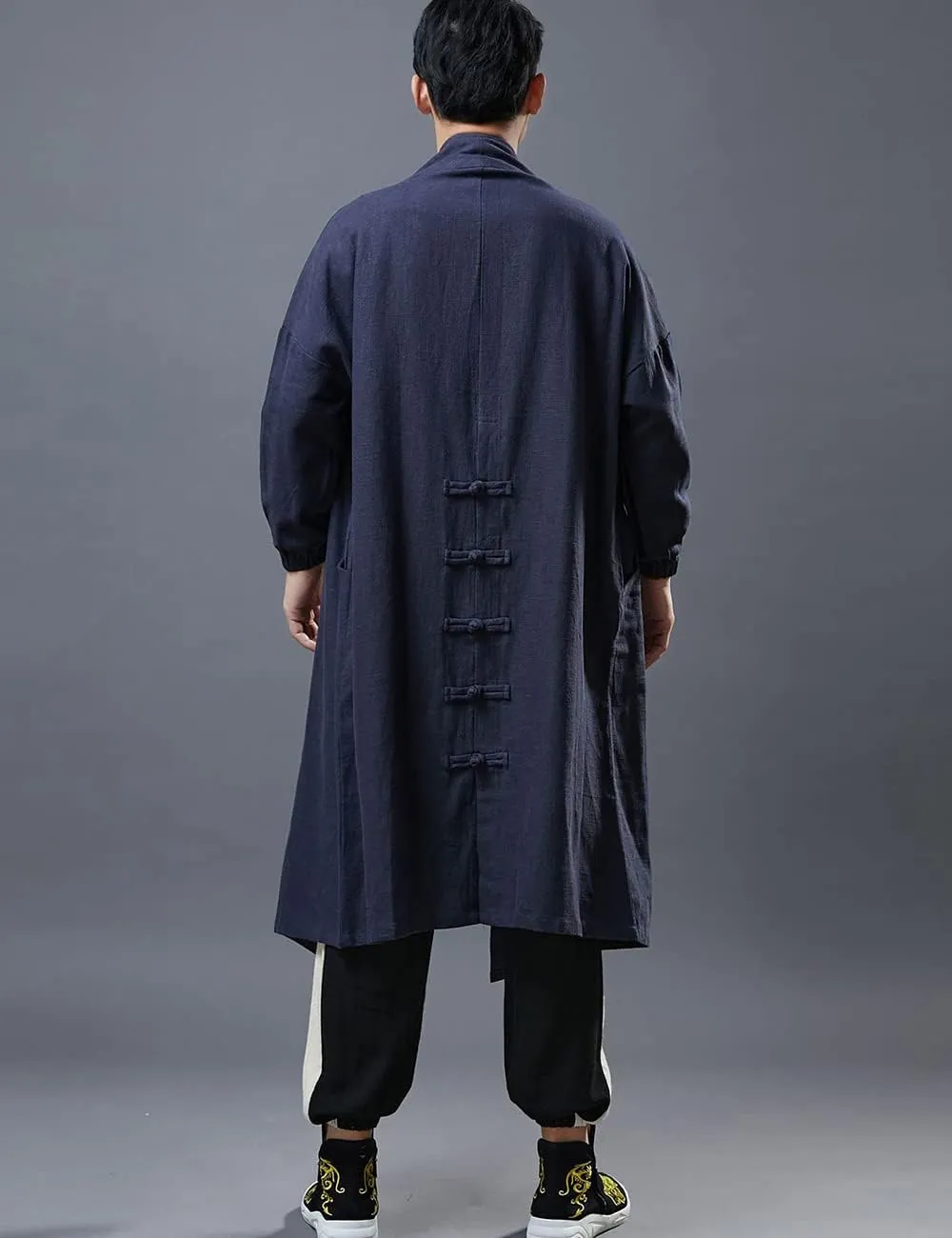 Ystylee Men's Trench Coat Cotton Linen Long Kimono Jacket Chinese Vintage Style Open Front Outwear