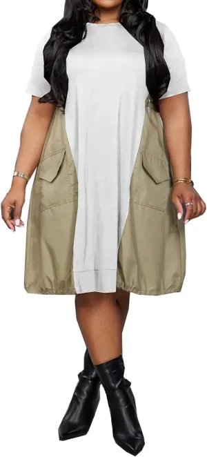 Yuopeid Women's Casual Loose Plus Size Dress Crew Neck Short Sleeve Fashion Color Block T Shirt Dresses with Pocket