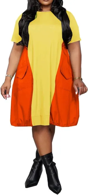 Yuopeid Women's Casual Loose Plus Size Dress Crew Neck Short Sleeve Fashion Color Block T Shirt Dresses with Pocket