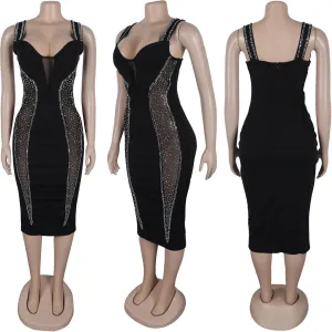 Yuopeid Womens Sexy Elegant Sleeveless Dresses Sparkly Rhinestone Mesh See Through Prom Birthday Party Club Night Midi Dress