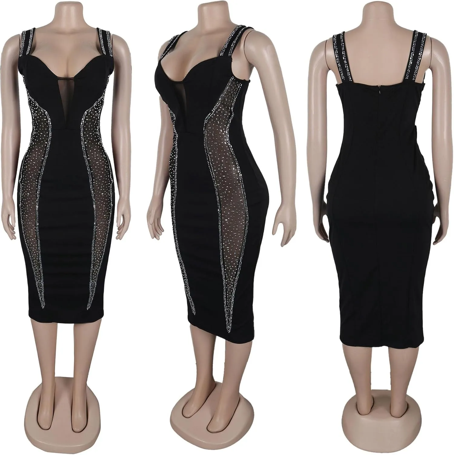 Yuopeid Womens Sexy Elegant Sleeveless Dresses Sparkly Rhinestone Mesh See Through Prom Birthday Party Club Night Midi Dress