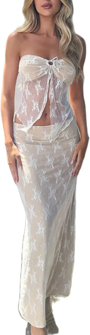 Zempertoopa Women Sexy Y2K Maxi Skirt Set Strapless Bodycon Lace Tube Top See Through 2 Piece Outfits Summer Party Wear Dress