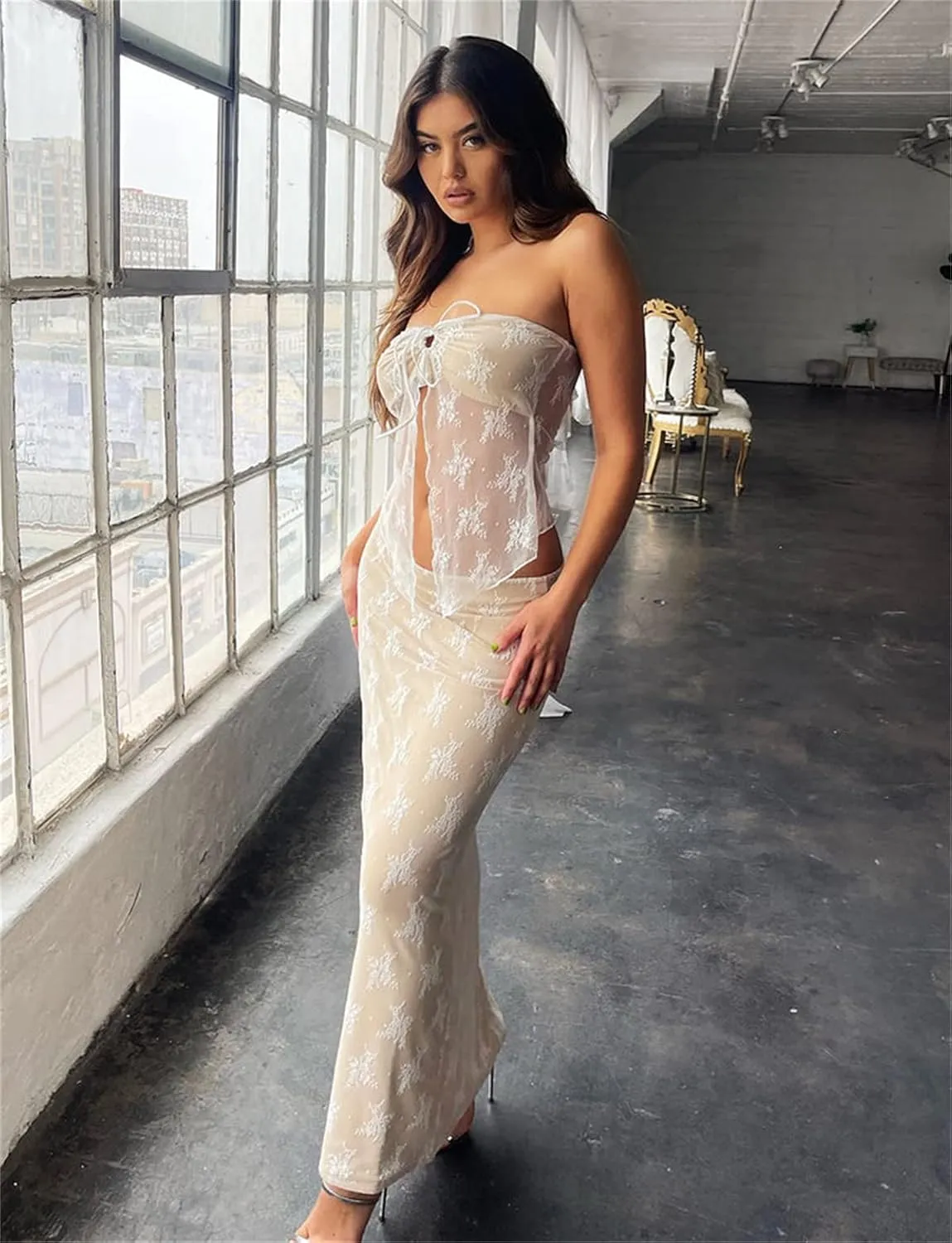 Zempertoopa Women Sexy Y2K Maxi Skirt Set Strapless Bodycon Lace Tube Top See Through 2 Piece Outfits Summer Party Wear Dress
