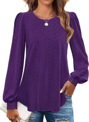 ZESICA Long Sleeve Eyelet Tops for Womens Crew Neck Fall Shirts Casual Loose Blouses 2025 Trendy Clothes