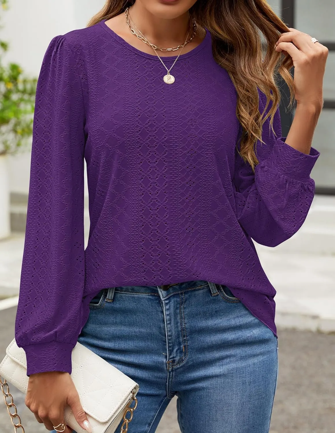 ZESICA Long Sleeve Eyelet Tops for Womens Crew Neck Fall Shirts Casual Loose Blouses 2025 Trendy Clothes