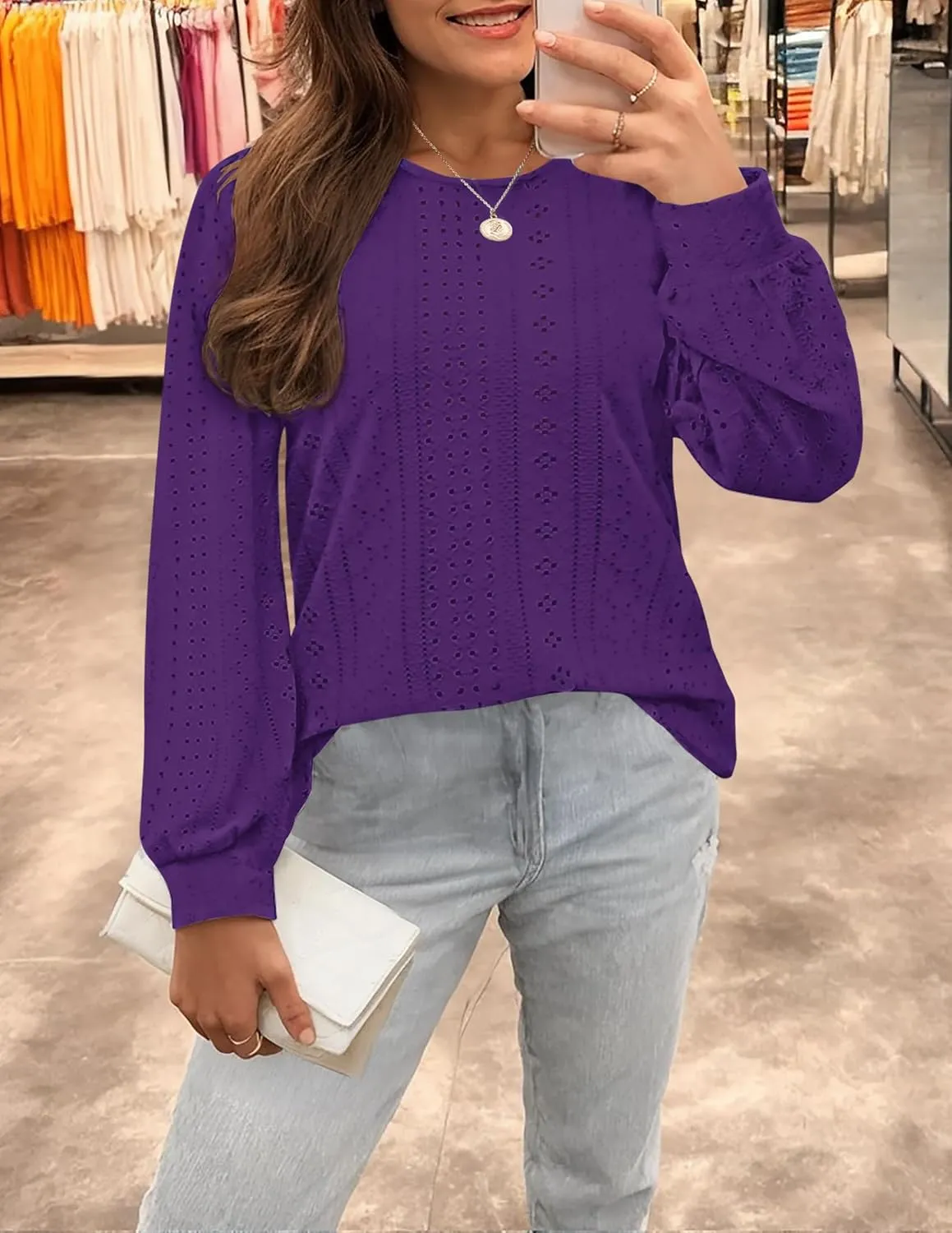 ZESICA Long Sleeve Eyelet Tops for Womens Crew Neck Fall Shirts Casual Loose Blouses 2025 Trendy Clothes