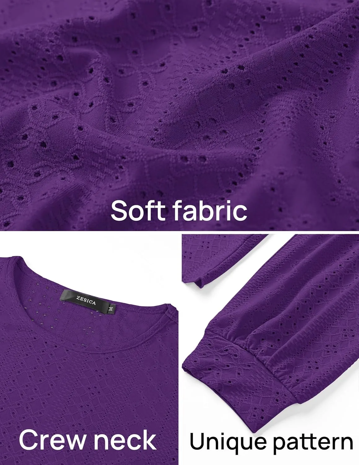 ZESICA Long Sleeve Eyelet Tops for Womens Crew Neck Fall Shirts Casual Loose Blouses 2025 Trendy Clothes