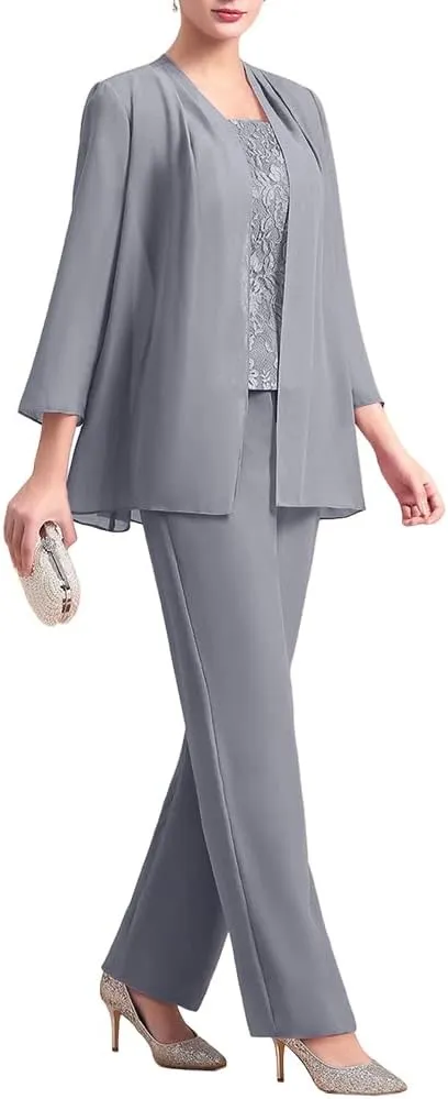 Zongqiven Women's Chiffon 3 Pcs Pants Suits Lace Mother of Bride Dress Sets Wedding Guest Formal Evening