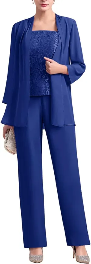 Zongqiven Women's Chiffon 3 Pcs Pants Suits Lace Mother of Bride Dress Sets Wedding Guest Formal Evening