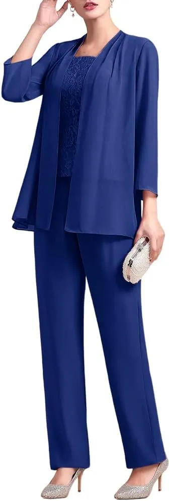 Zongqiven Women's Chiffon 3 Pcs Pants Suits Lace Mother of Bride Dress Sets Wedding Guest Formal Evening