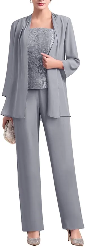 Zongqiven Women's Chiffon 3 Pcs Pants Suits Lace Mother of Bride Dress Sets Wedding Guest Formal Evening