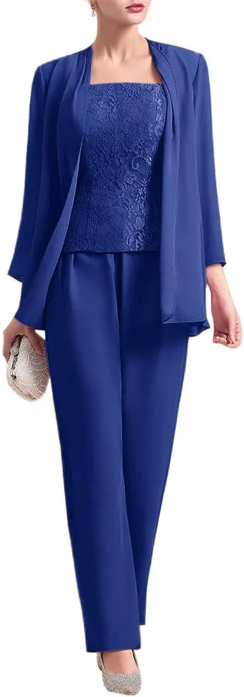 Zongqiven Women's Chiffon 3 Pcs Pants Suits Lace Mother of Bride Dress Sets Wedding Guest Formal Evening