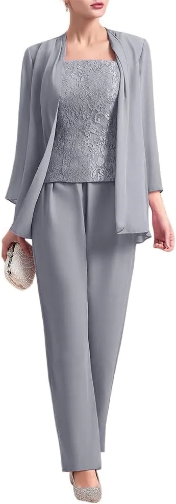 Zongqiven Women's Chiffon 3 Pcs Pants Suits Lace Mother of Bride Dress Sets Wedding Guest Formal Evening