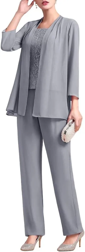 Zongqiven Women's Chiffon 3 Pcs Pants Suits Lace Mother of Bride Dress Sets Wedding Guest Formal Evening